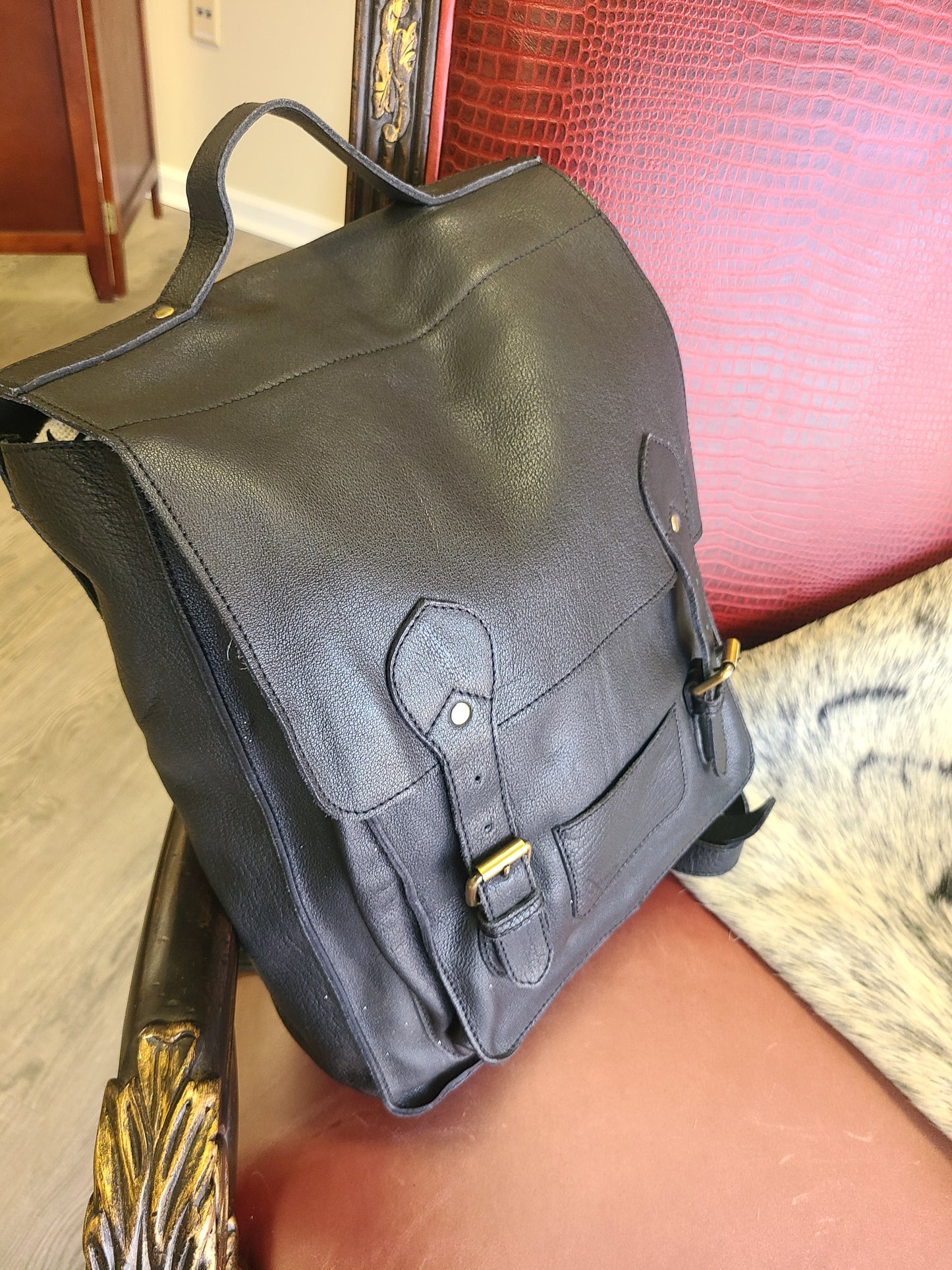 Black Leather Cowhide Travel Backpack-Status Co. Leather Studio