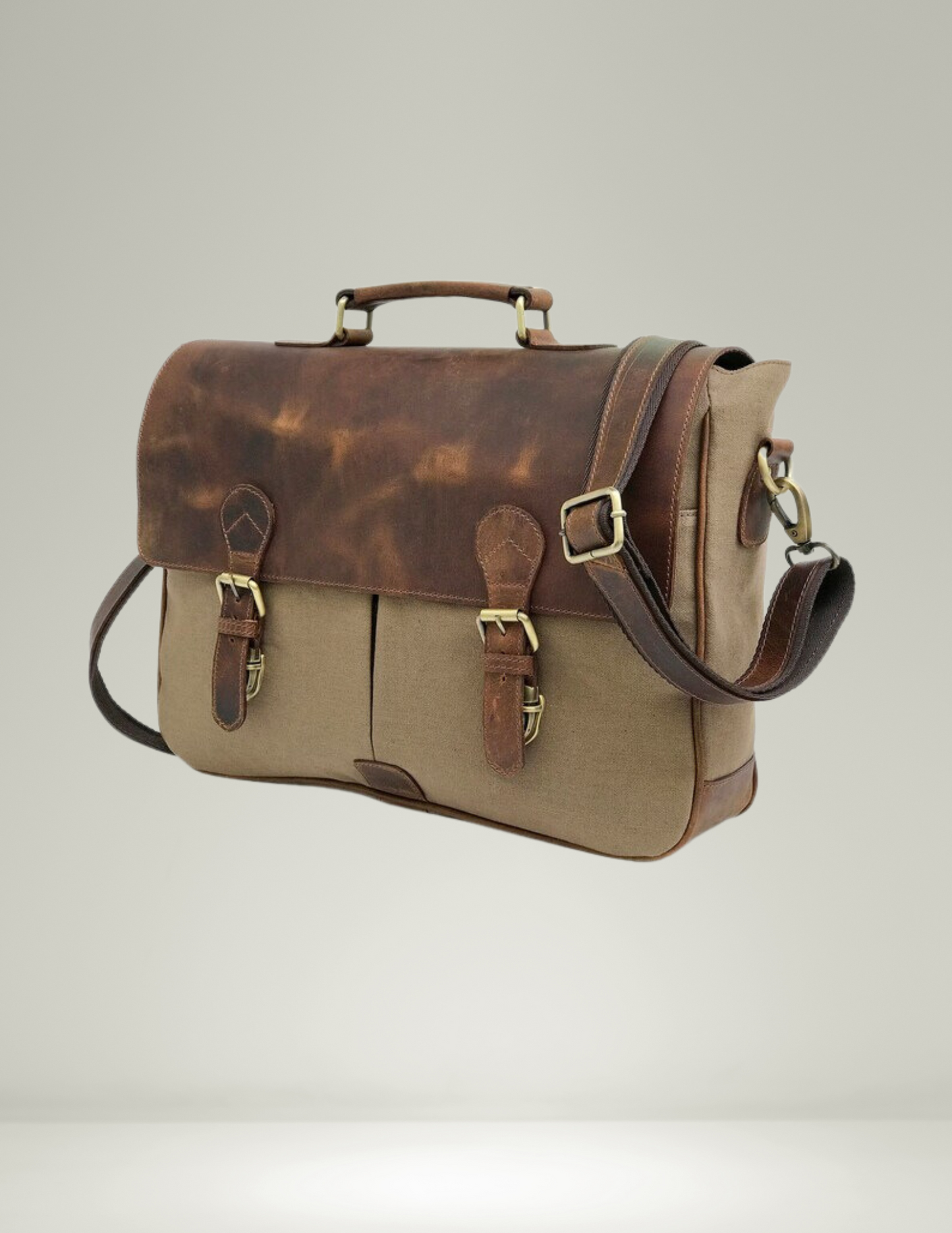 Canvas And Buffalo Leather Messenger Bag - Tan-Status Co. Leather Studio