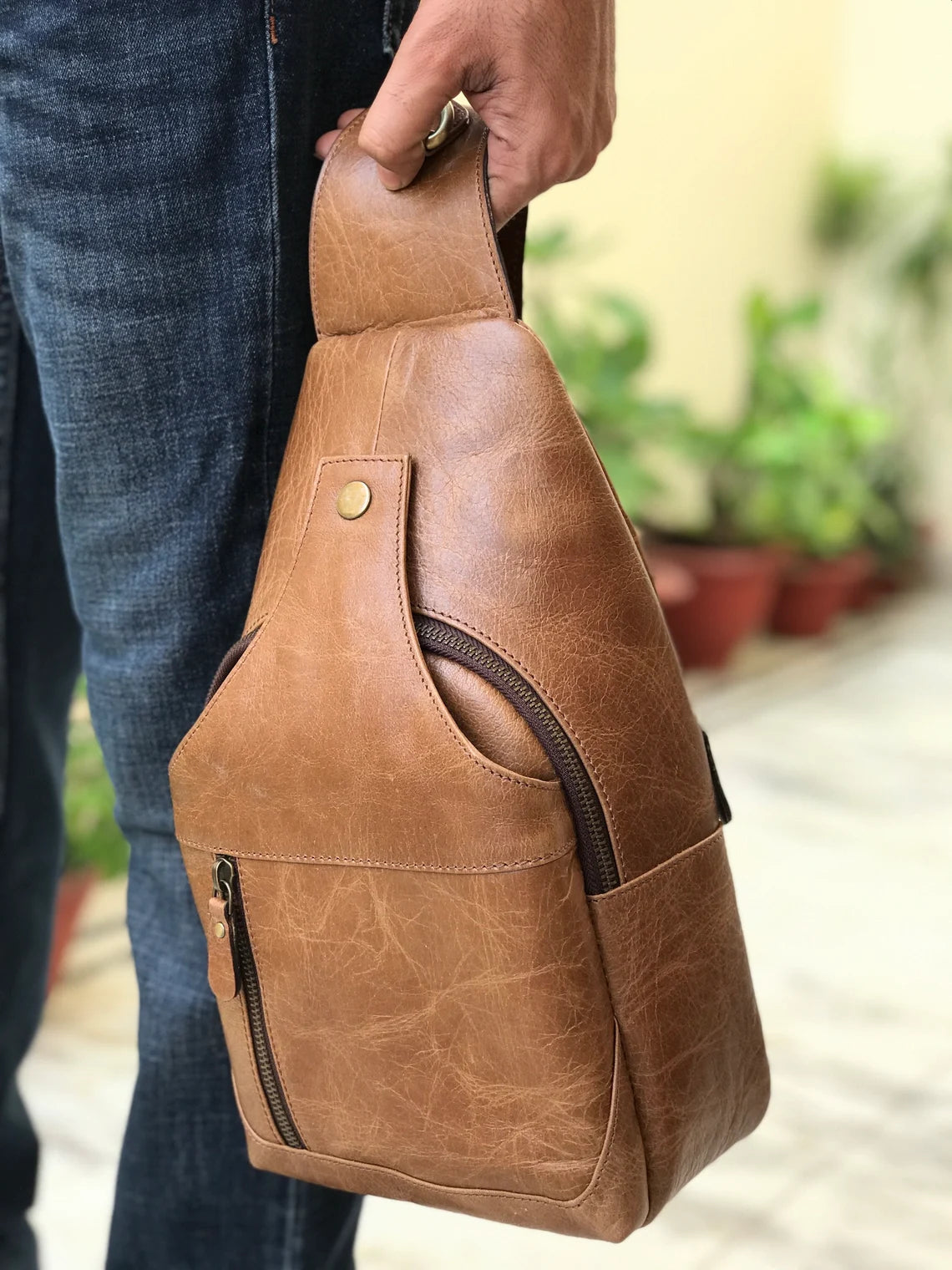 Modern Leather Chest Bag - Caramel-Status Co. Leather Studio
