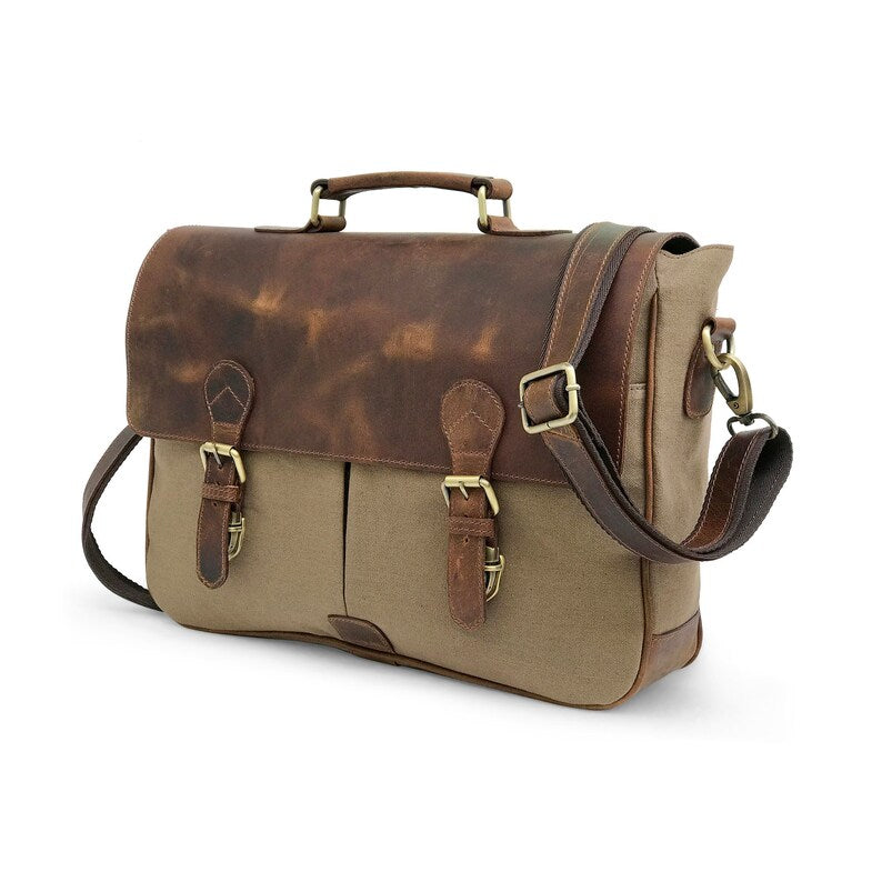 Canvas And Buffalo Leather Messenger Bag - Tan-Status Co. Leather Studio