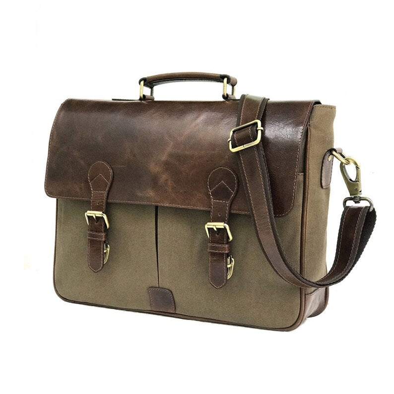 Canvas And Buffalo Leather Messenger Bag - Tan-Status Co. Leather Studio