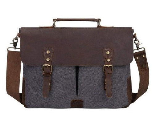 16" Grey Canvas And Brown Buffalo Leather Bag, Briefcase-Status Co. Leather Studio