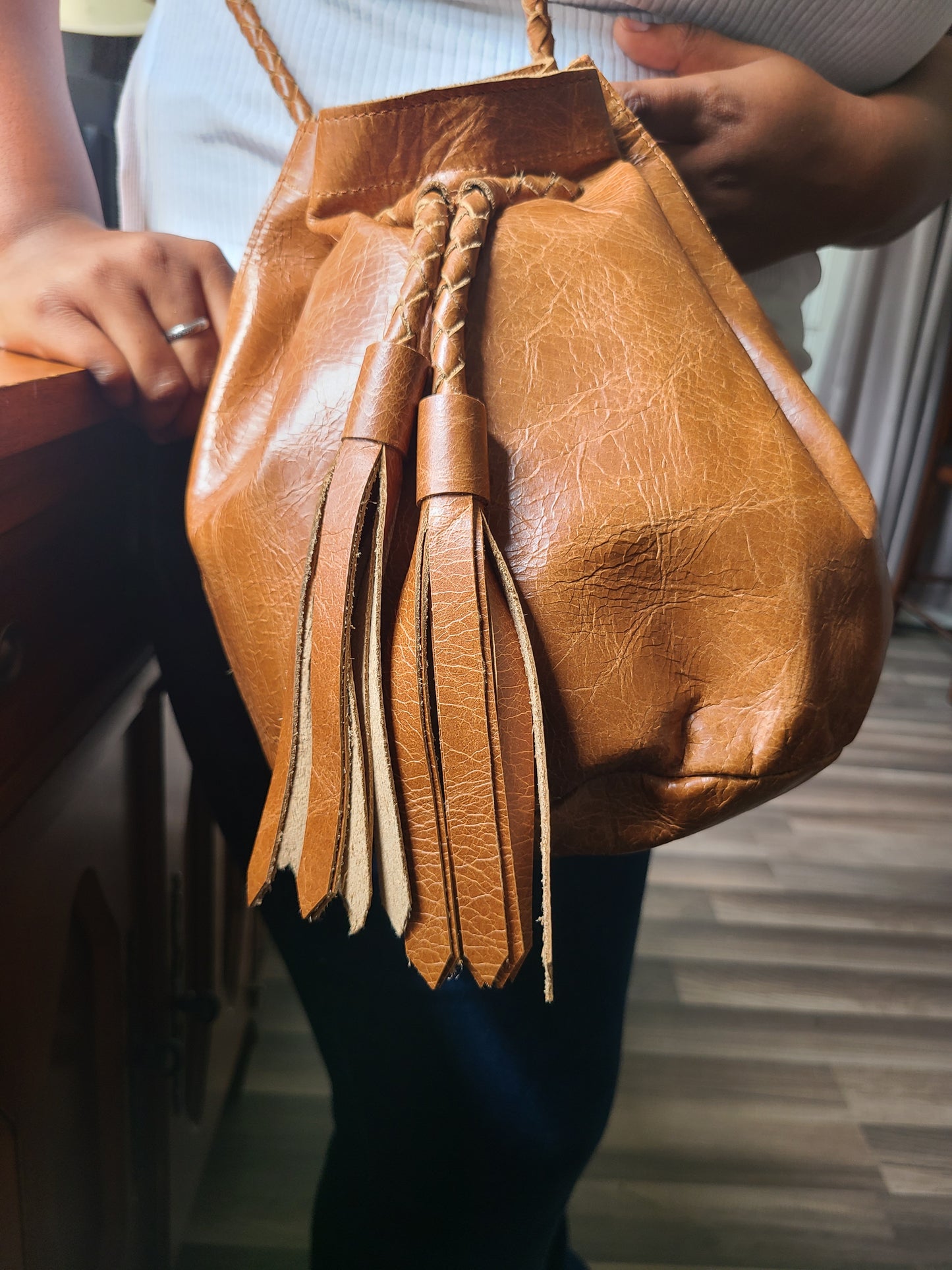Women's Lambskin Bucket Purse w/ Tassel-Status Co. Leather Studio
