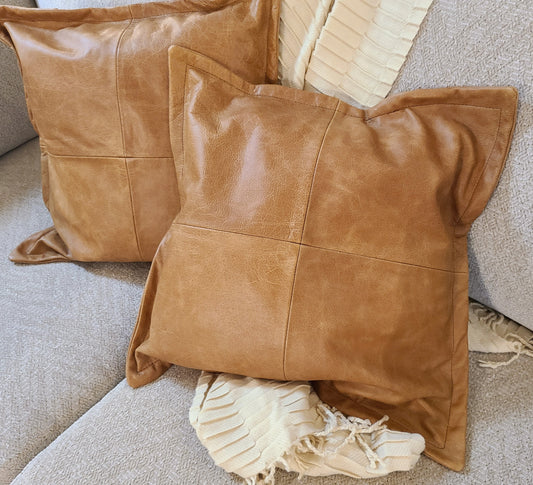 100% Lambskin Leather Caramel Brown Throw Pillow Cover - 18 x 18-Status Co. Leather Studio