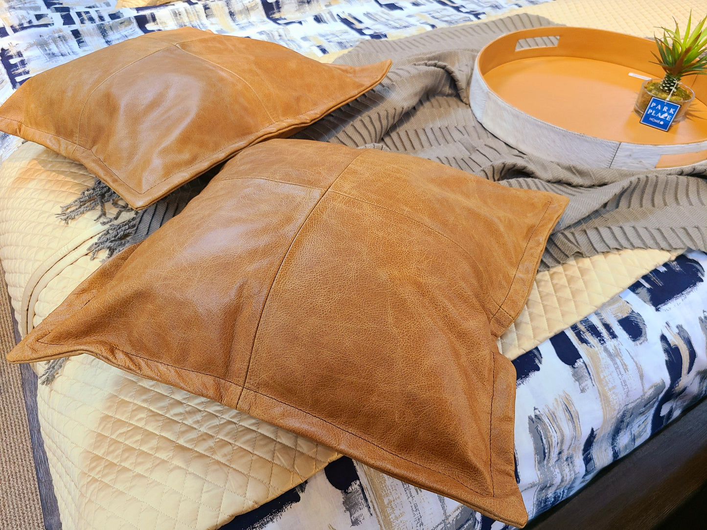 100% Lambskin Leather Caramel Brown Throw Pillow Cover - 18 x 18-Status Co. Leather Studio