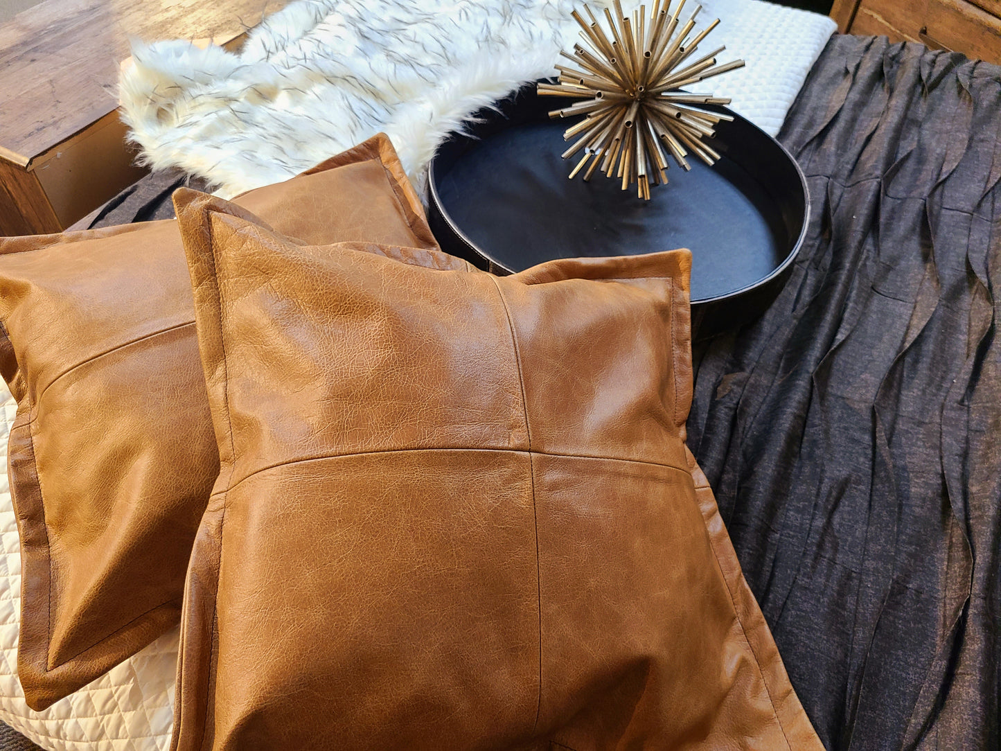 100% Lambskin Leather Caramel Brown Throw Pillow Cover - 18 x 18-Status Co. Leather Studio