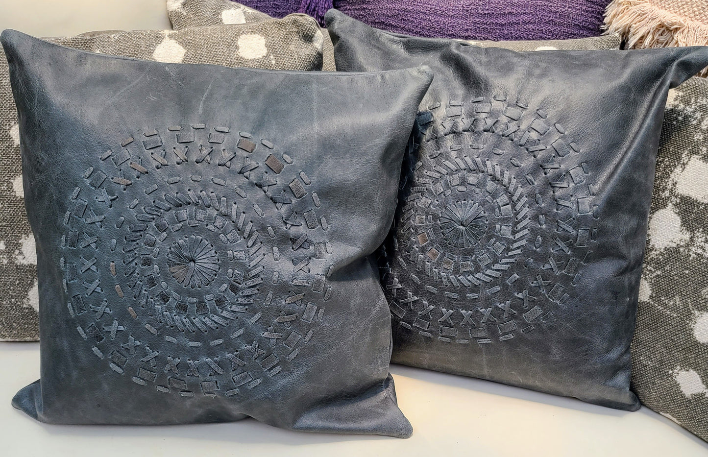 100% Leather Blue Grey Mandala Throw Pillow Cover - 18 x 18-Status Co. Leather Studio