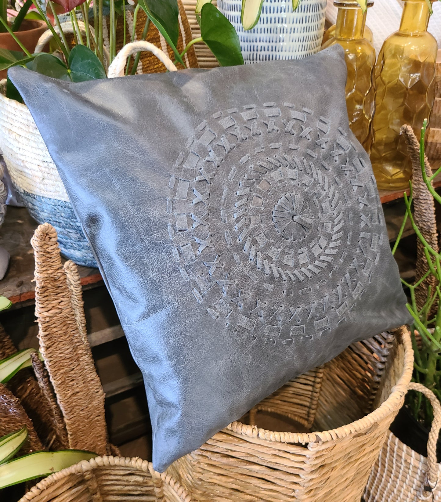 100% Leather Blue Grey Mandala Throw Pillow Cover - 18 x 18-Status Co. Leather Studio