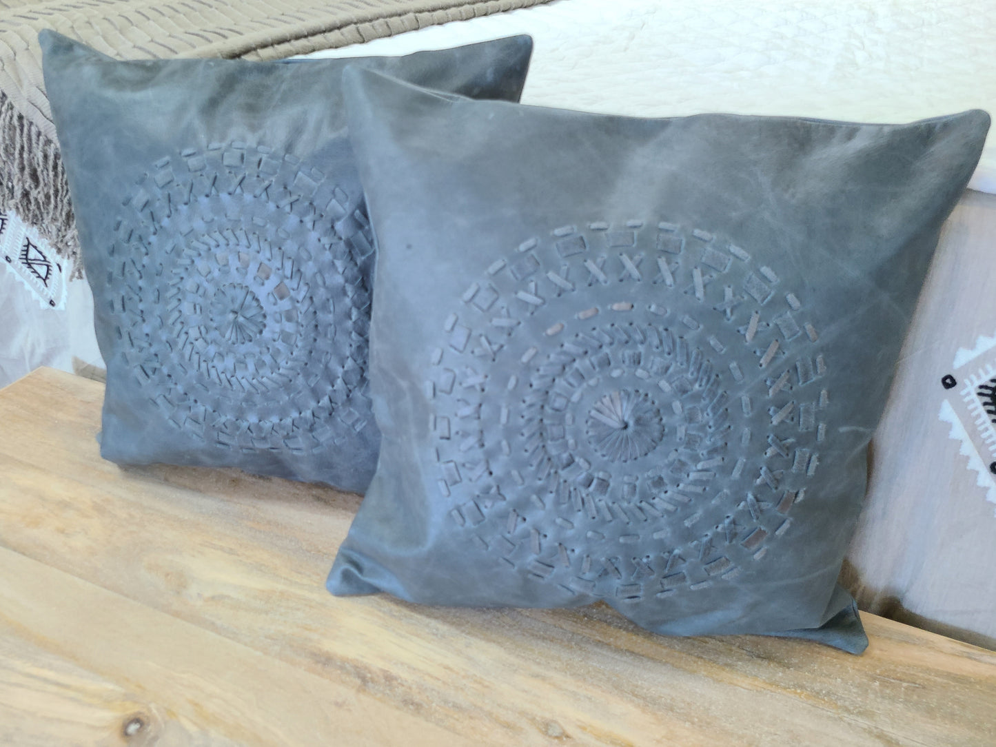 100% Leather Blue Grey Mandala Throw Pillow Cover - 18 x 18-Status Co. Leather Studio
