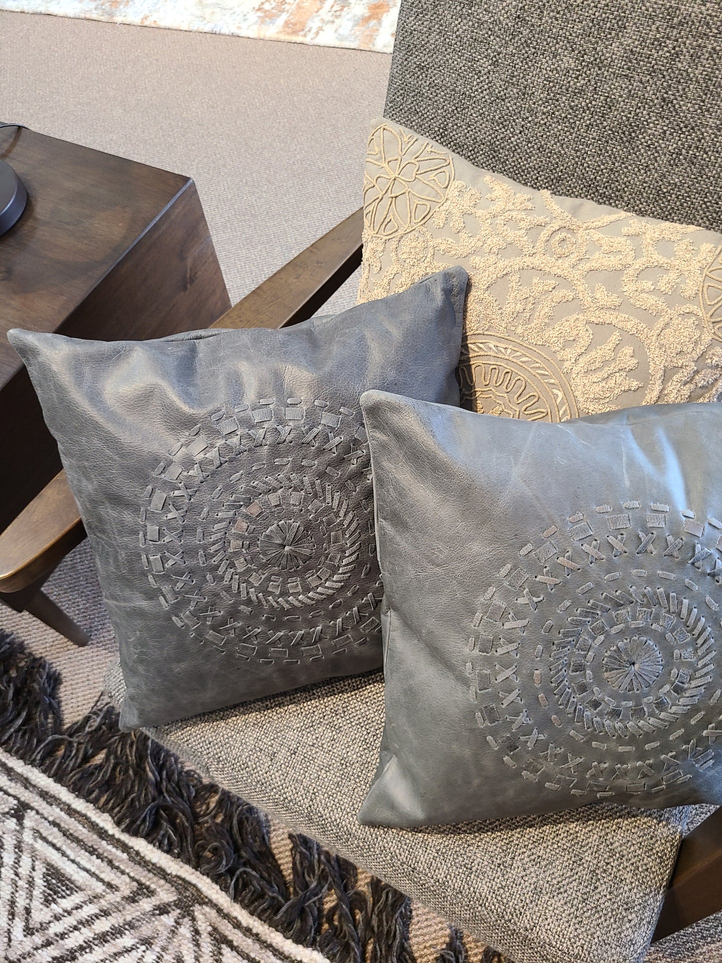 100% Leather Blue Grey Mandala Throw Pillow Cover - 18 x 18-Status Co. Leather Studio