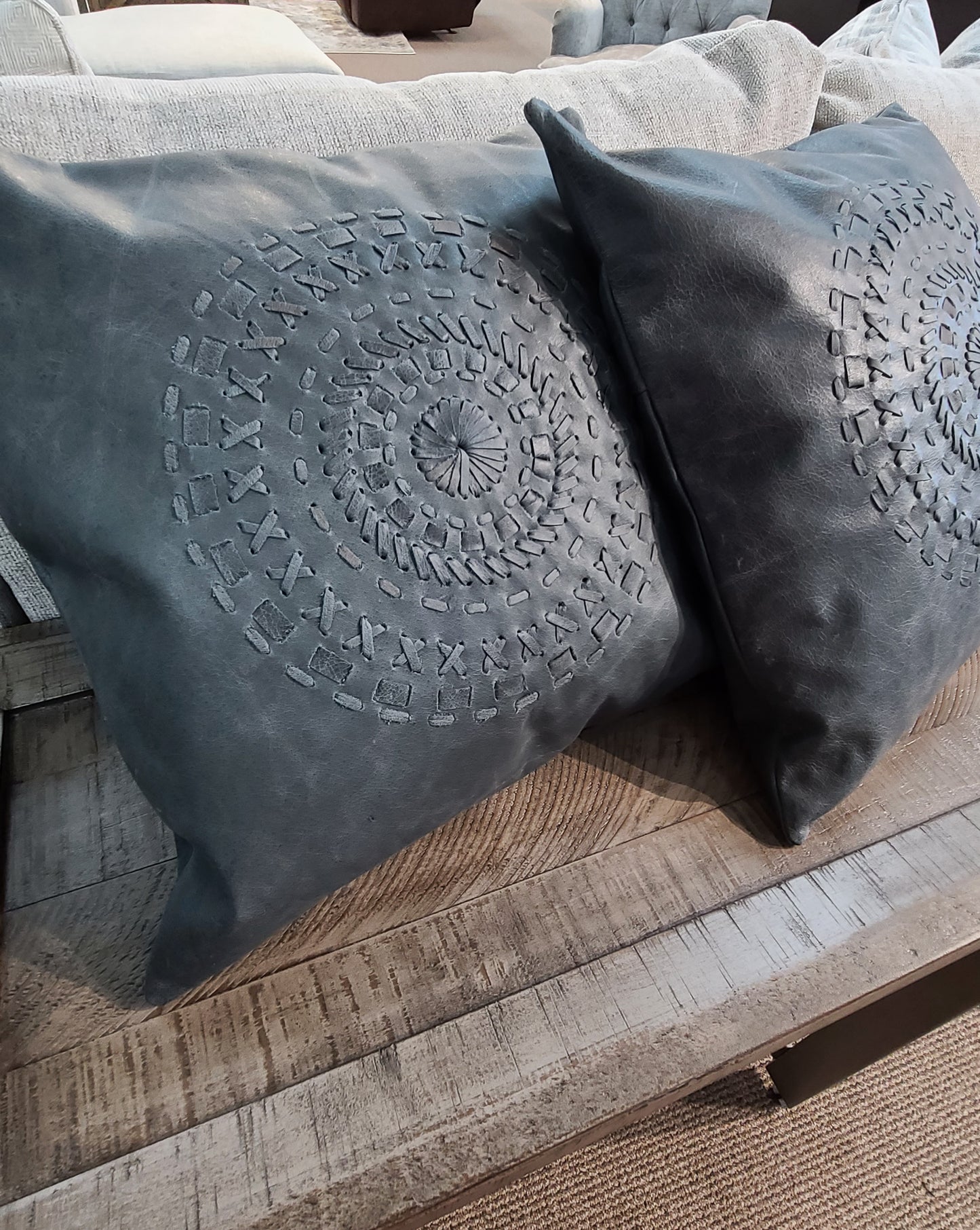 100% Leather Blue Grey Mandala Throw Pillow Cover - 18 x 18-Status Co. Leather Studio