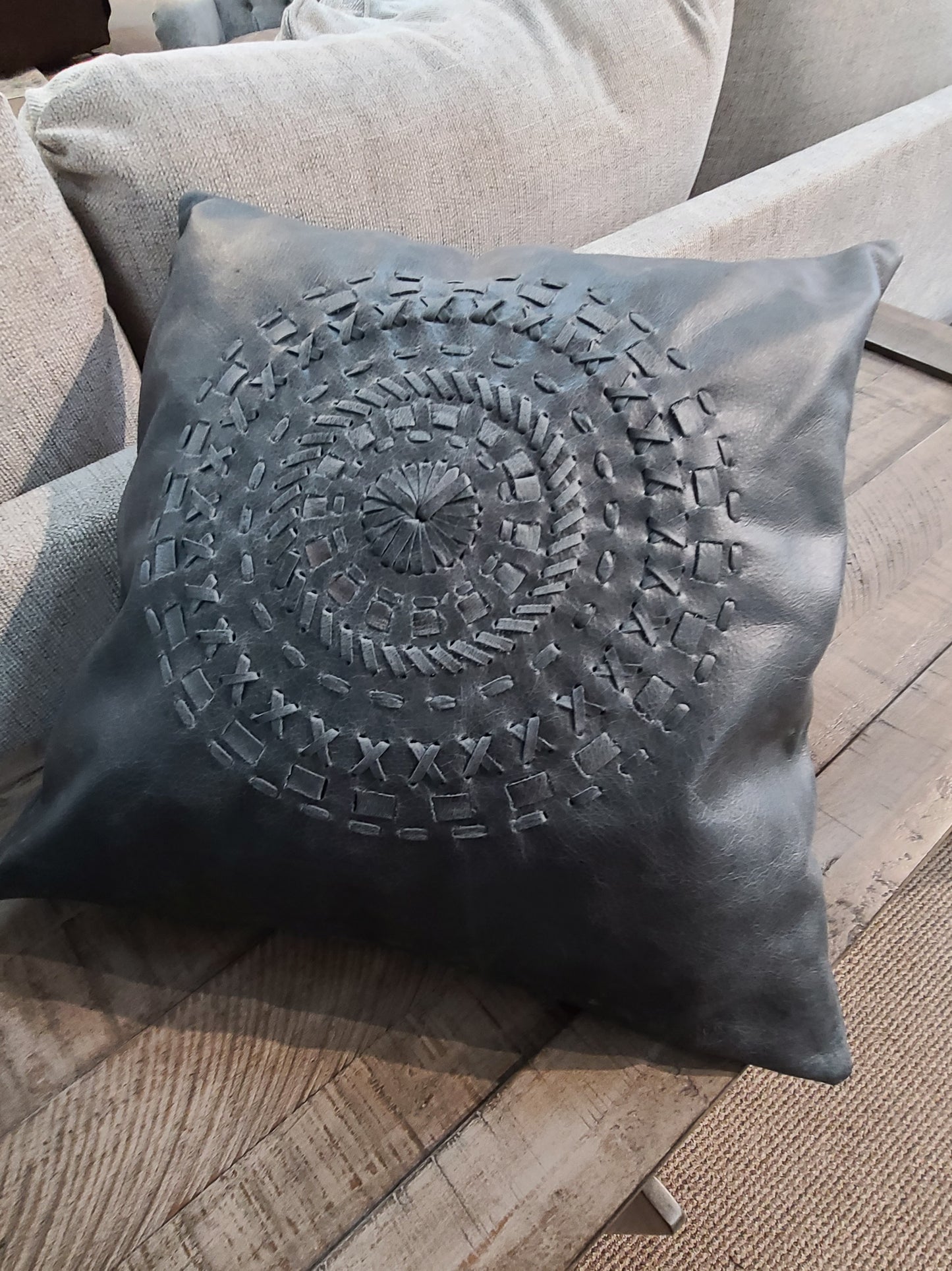 100% Leather Blue Grey Mandala Throw Pillow Cover - 18 x 18-Status Co. Leather Studio