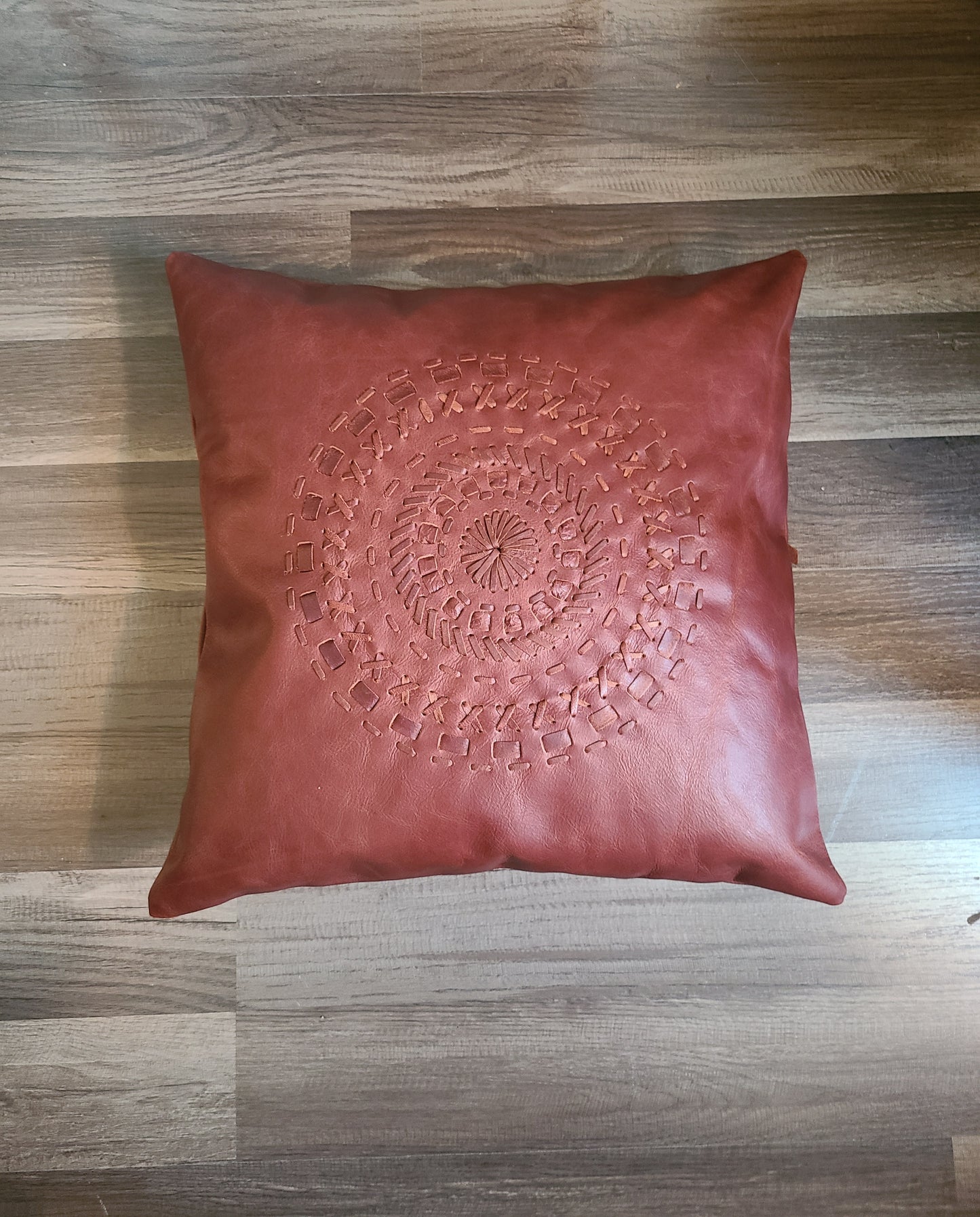 100% Leather Cognac Red Mandala Throw Pillow Cover - 18 x 18-Status Co. Leather Studio