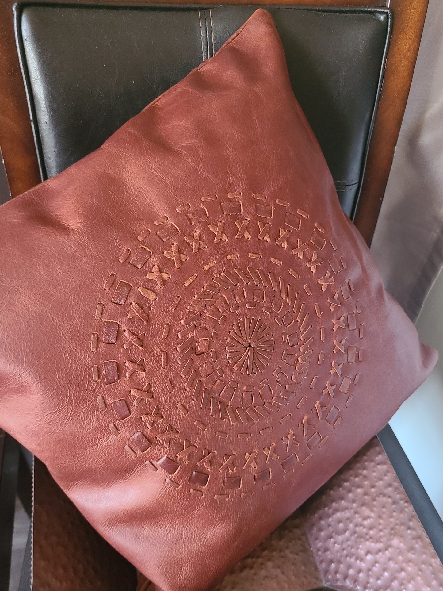 100% Leather Cognac Red Mandala Throw Pillow Cover - 18 x 18-Status Co. Leather Studio