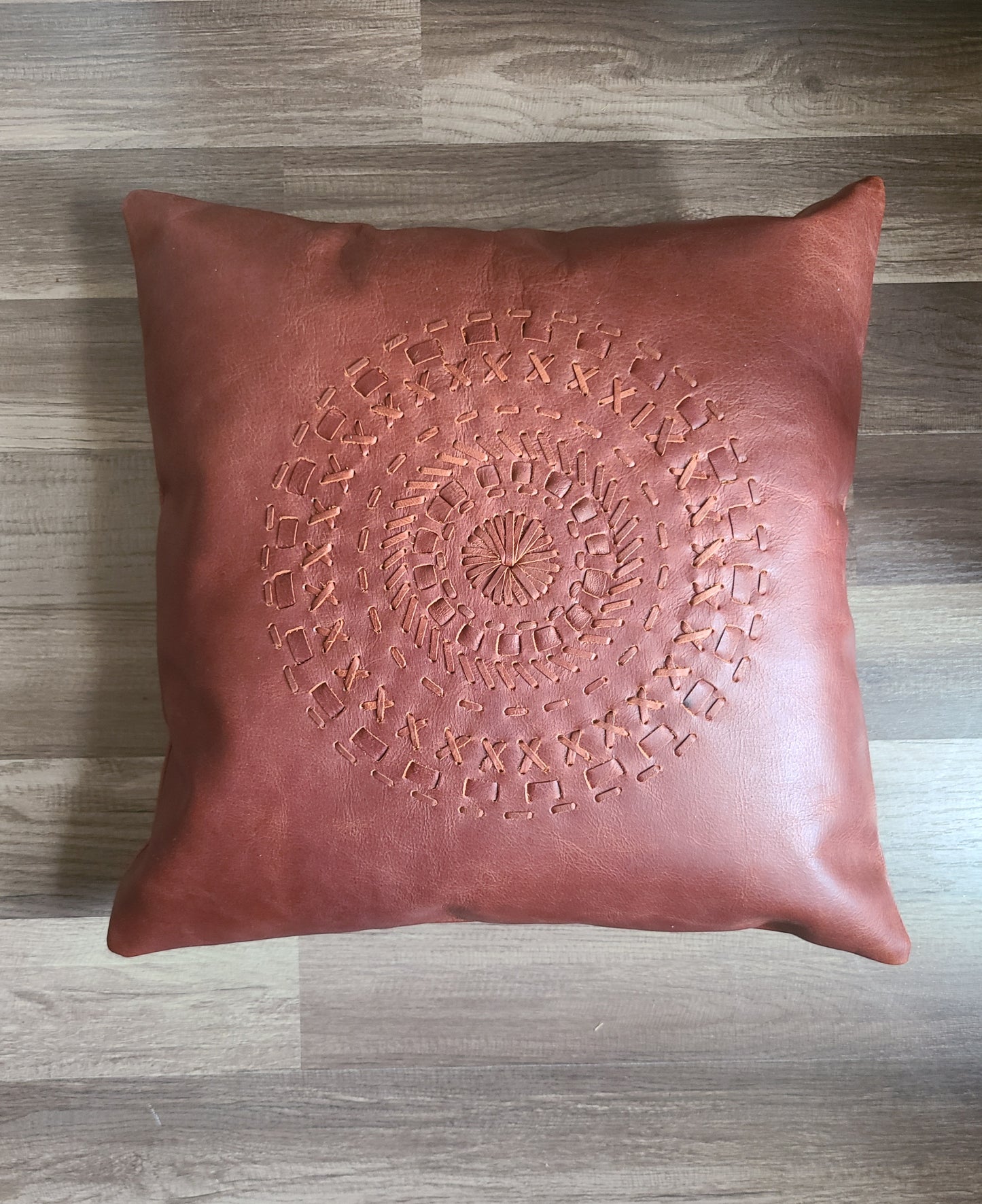 100% Leather Cognac Red Mandala Throw Pillow Cover - 18 x 18-Status Co. Leather Studio