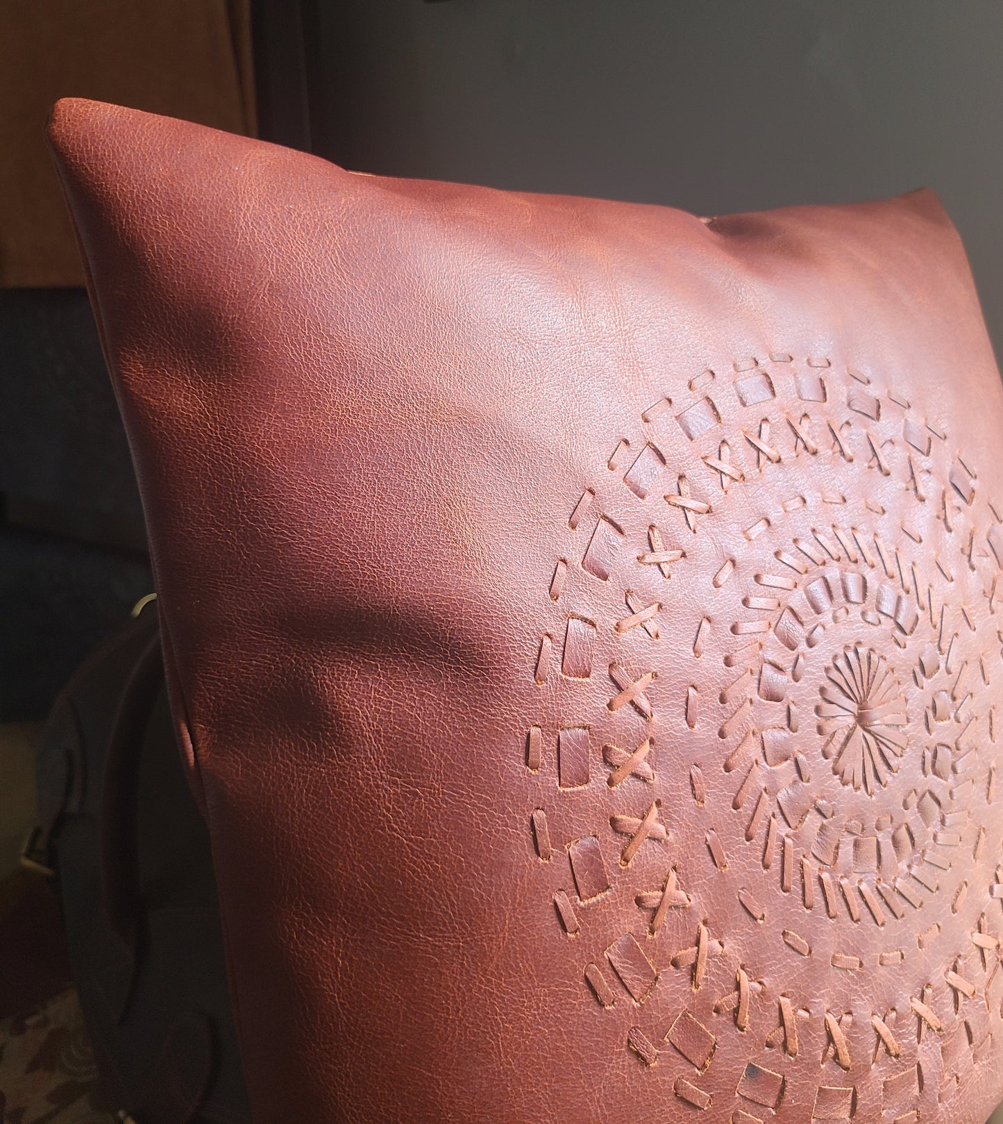 100% Leather Cognac Red Mandala Throw Pillow Cover - 18 x 18-Status Co. Leather Studio