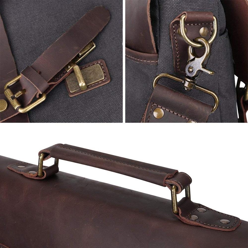 16" Grey Canvas And Brown Buffalo Leather Bag, Briefcase-Status Co. Leather Studio