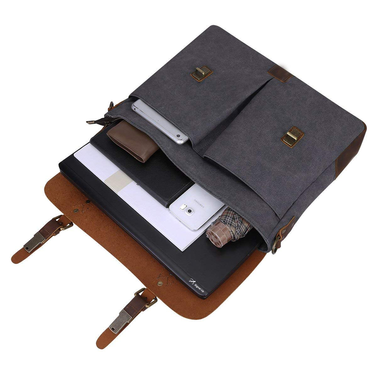 16" Grey Canvas And Brown Buffalo Leather Bag, Briefcase-Status Co. Leather Studio