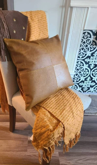 100% Leather Camel Brown Throw Pillow Cover 16 x 16
