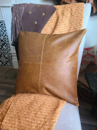 100% Leather Camel Brown Throw Pillow Cover - 16 x 16-Status Co. Leather Studio