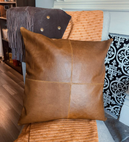 100% Leather Camel Brown Throw Pillow Cover - 18 x 18-Status Co. Leather Studio