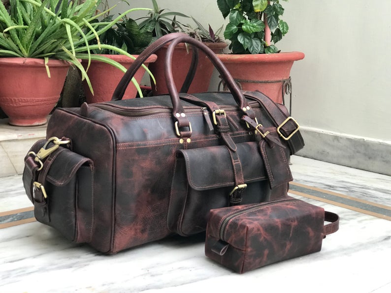 buffalo leather backpack or duffle 24 inch Men's Buffalo Leather Weekender Duffel and Toiletry Bag