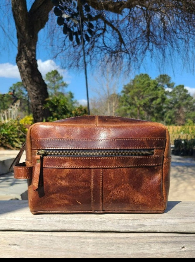 Buffalo Leather Travel Toiletry Bag - Cognac Brown-Status Co. Leather Studio
