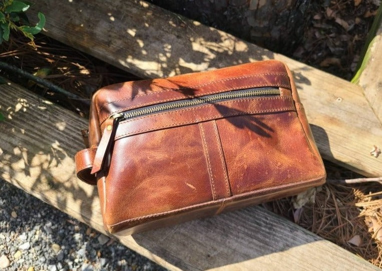 Buffalo Leather Travel Toiletry Bag - Cognac Brown-Status Co. Leather Studio