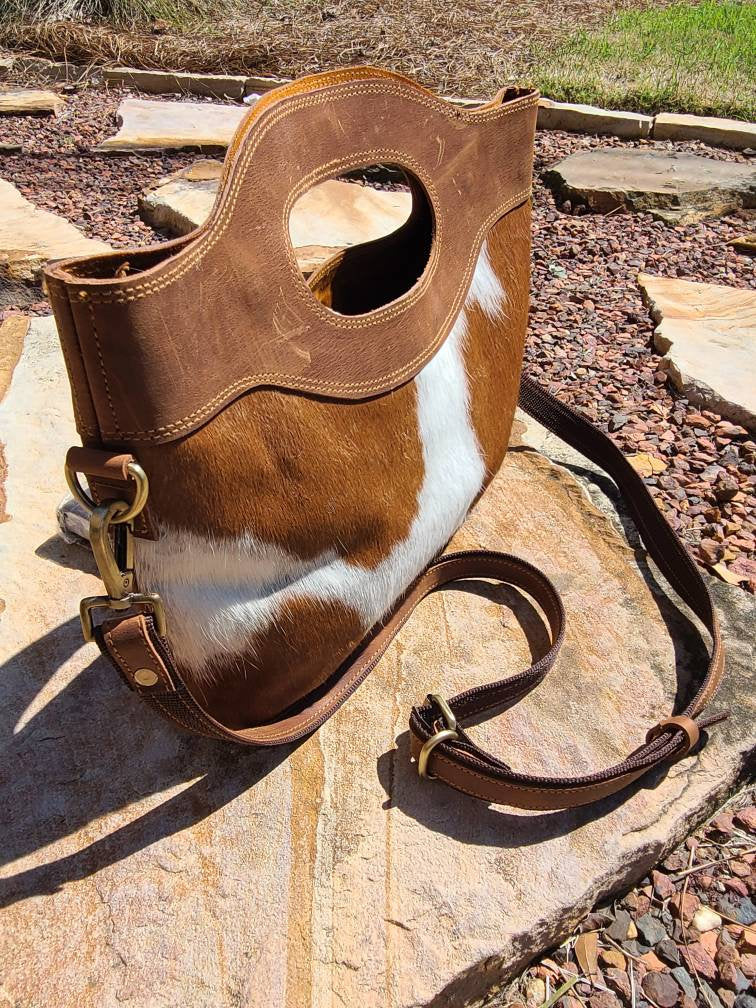 Hair-on Cowhide Leather Western Handbag - Brown and White-Status Co. Leather Studio