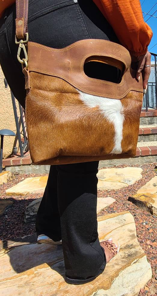 Hair-on Cowhide Leather Western Handbag - Brown and White-Status Co. Leather Studio