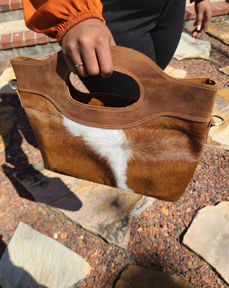 Hair-on Cowhide Leather Western Handbag - Brown and White-Status Co. Leather Studio