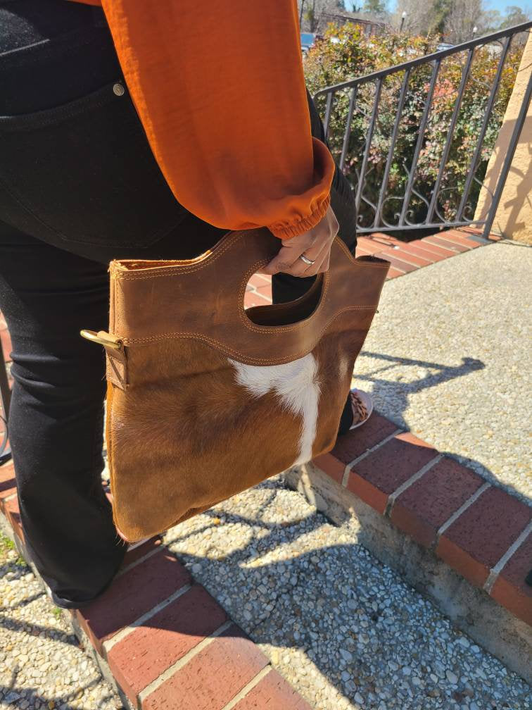 Hair-on Cowhide Leather Western Handbag - Brown and White-Status Co. Leather Studio