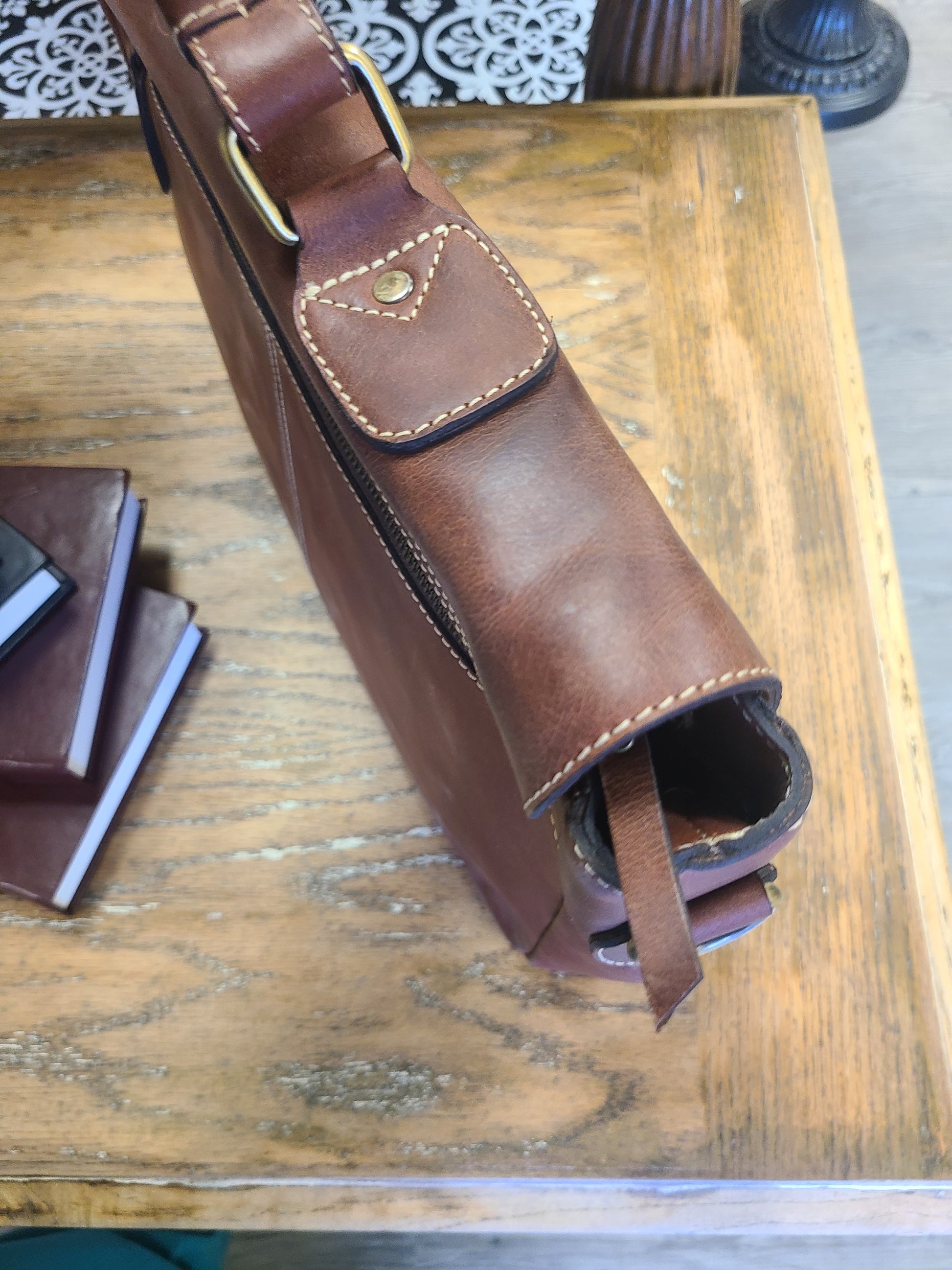 Classic Leather Stitched Messenger Bag-Status Co. Leather Studio