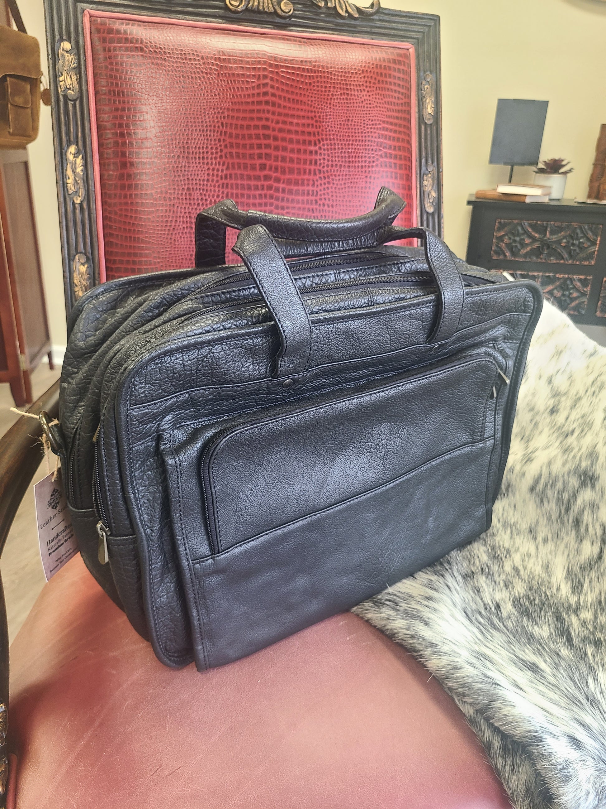 Classic Black Leather Soft Briefcase-Status Co. Leather Studio