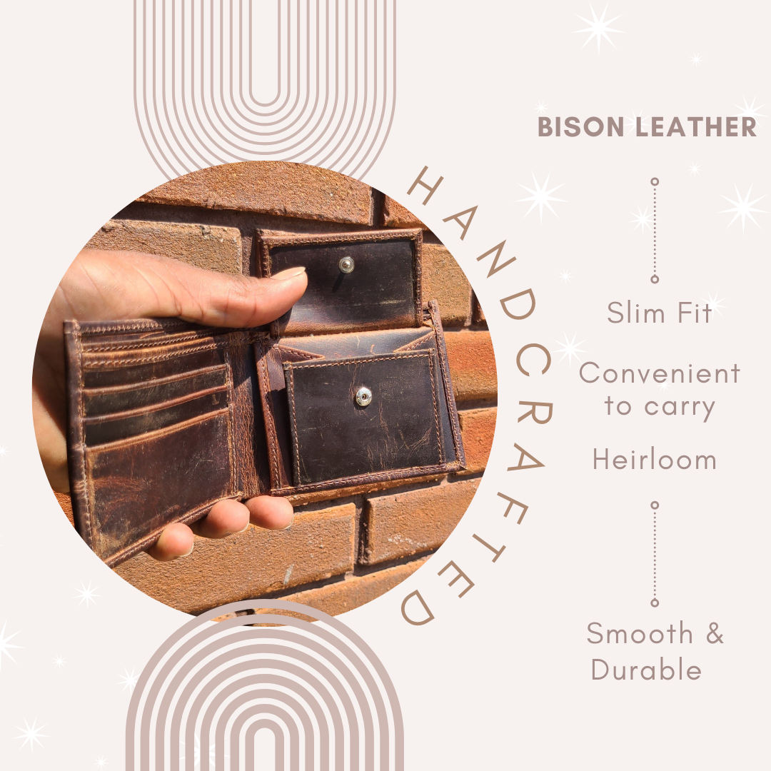 Classic Bison Leather Coin Pocket Bifold Wallet