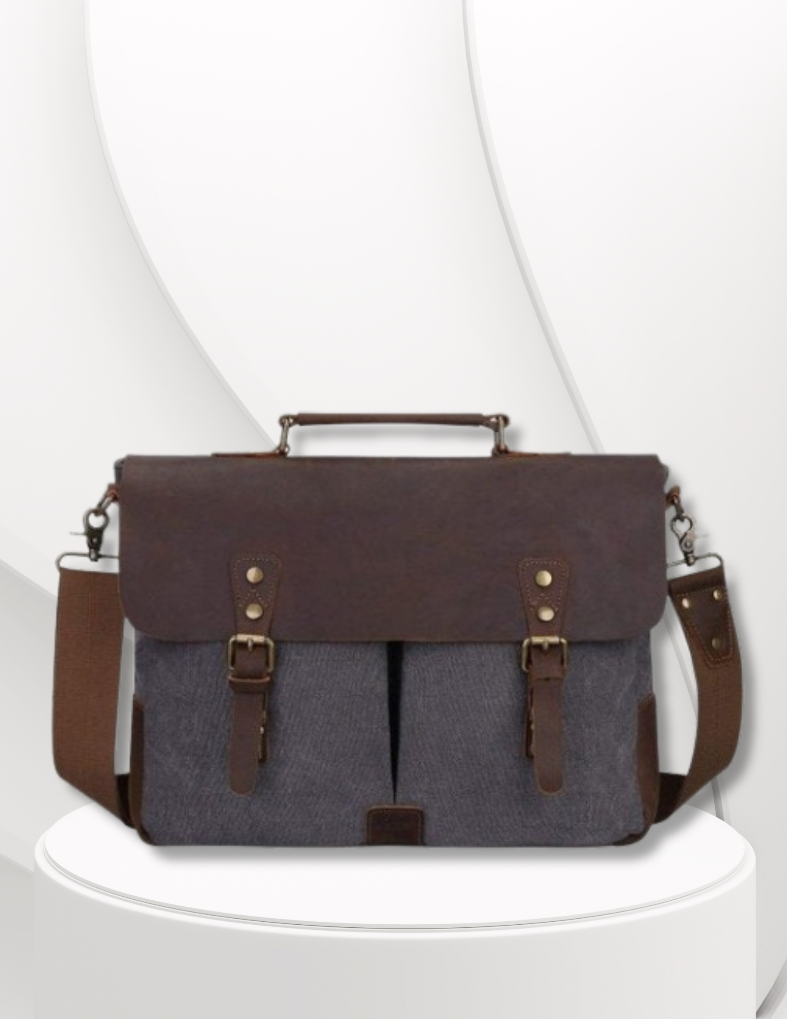 16" Grey Canvas And Brown Buffalo Leather Bag, Briefcase-Status Co. Leather Studio