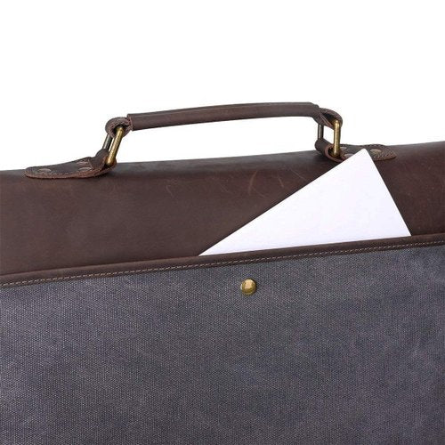 16" Grey Canvas And Brown Buffalo Leather Bag, Briefcase-Status Co. Leather Studio