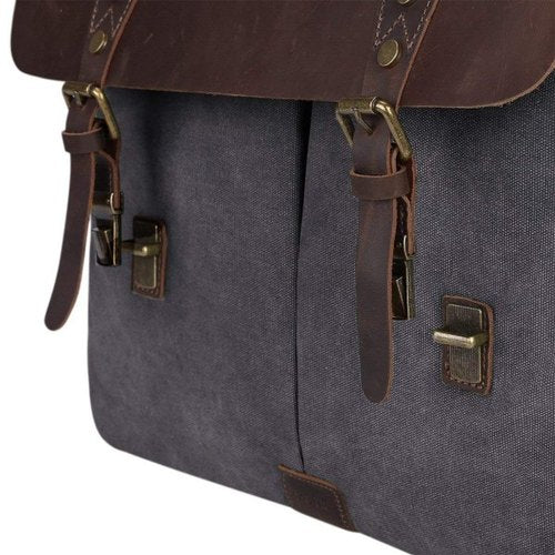 16" Grey Canvas And Brown Buffalo Leather Bag, Briefcase-Status Co. Leather Studio
