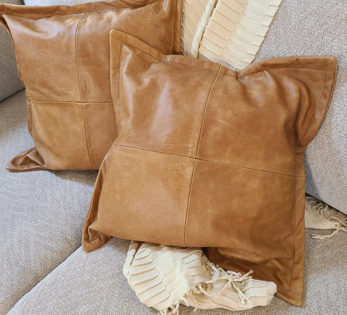 100% Lambskin Leather Caramel Brown Throw Pillow Cover - 16 x 16-Status Co. Leather Studio