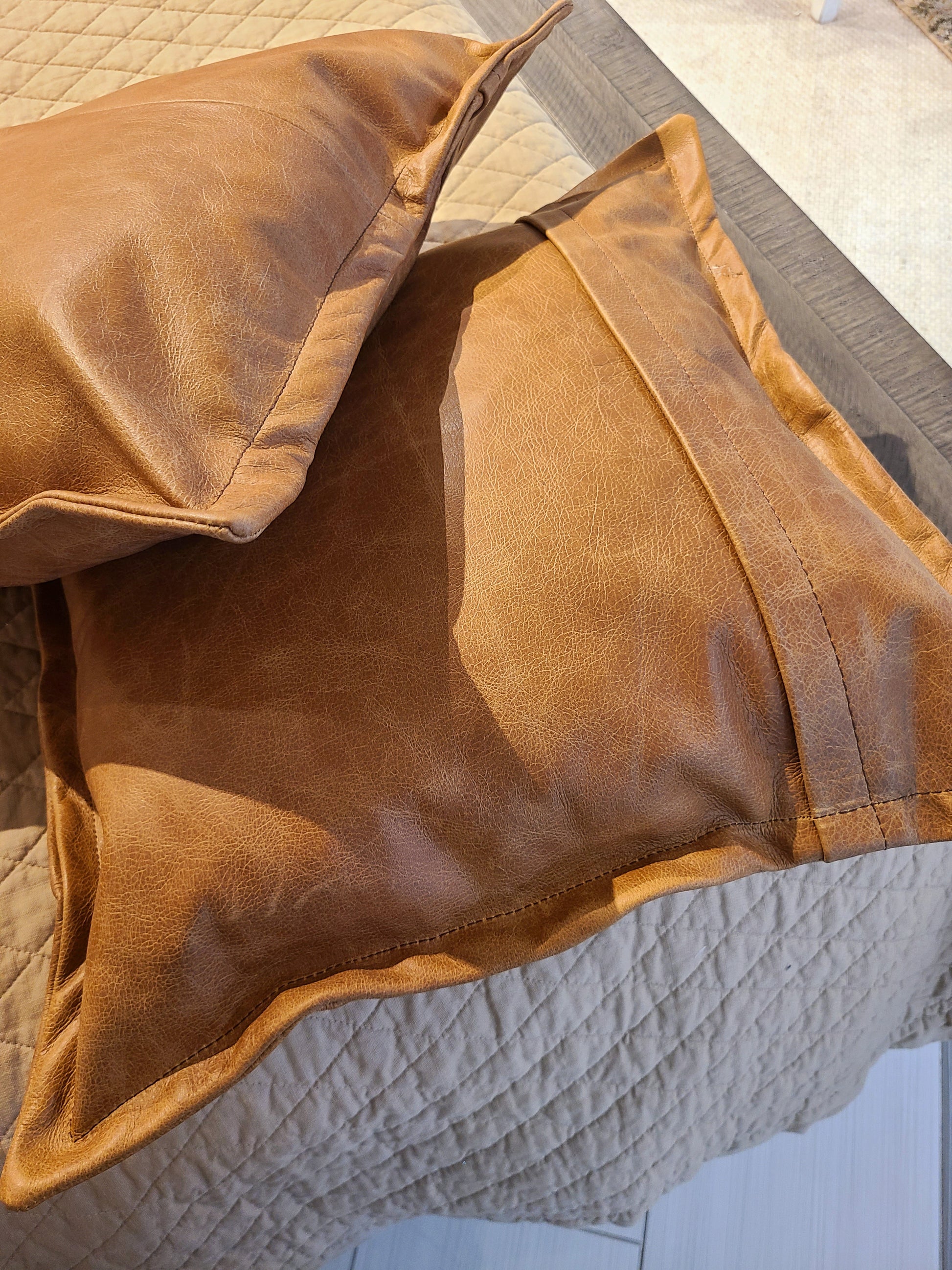 100% Lambskin Leather Caramel Brown Throw Pillow Cover - 22 x 22-Status Co. Leather Studio