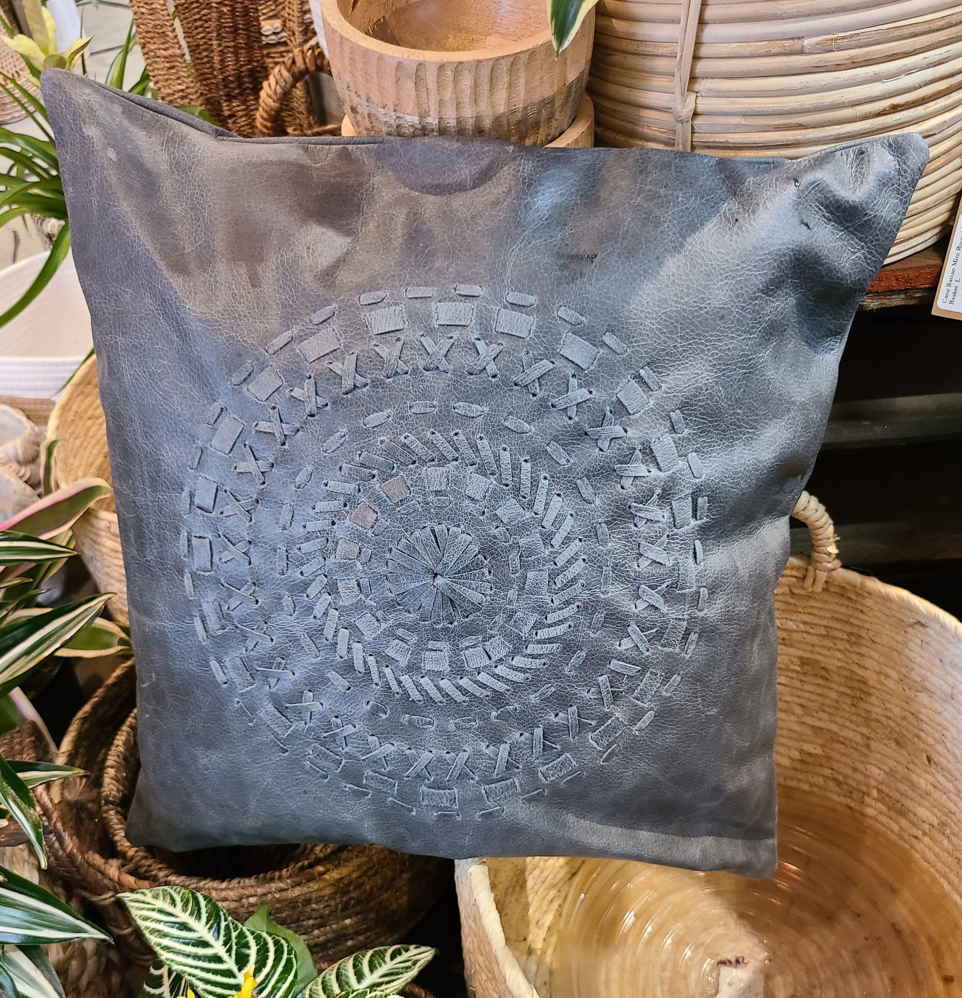 100% Leather Blue Grey Mandala Throw Pillow Cover - 18 x 18-Status Co. Leather Studio