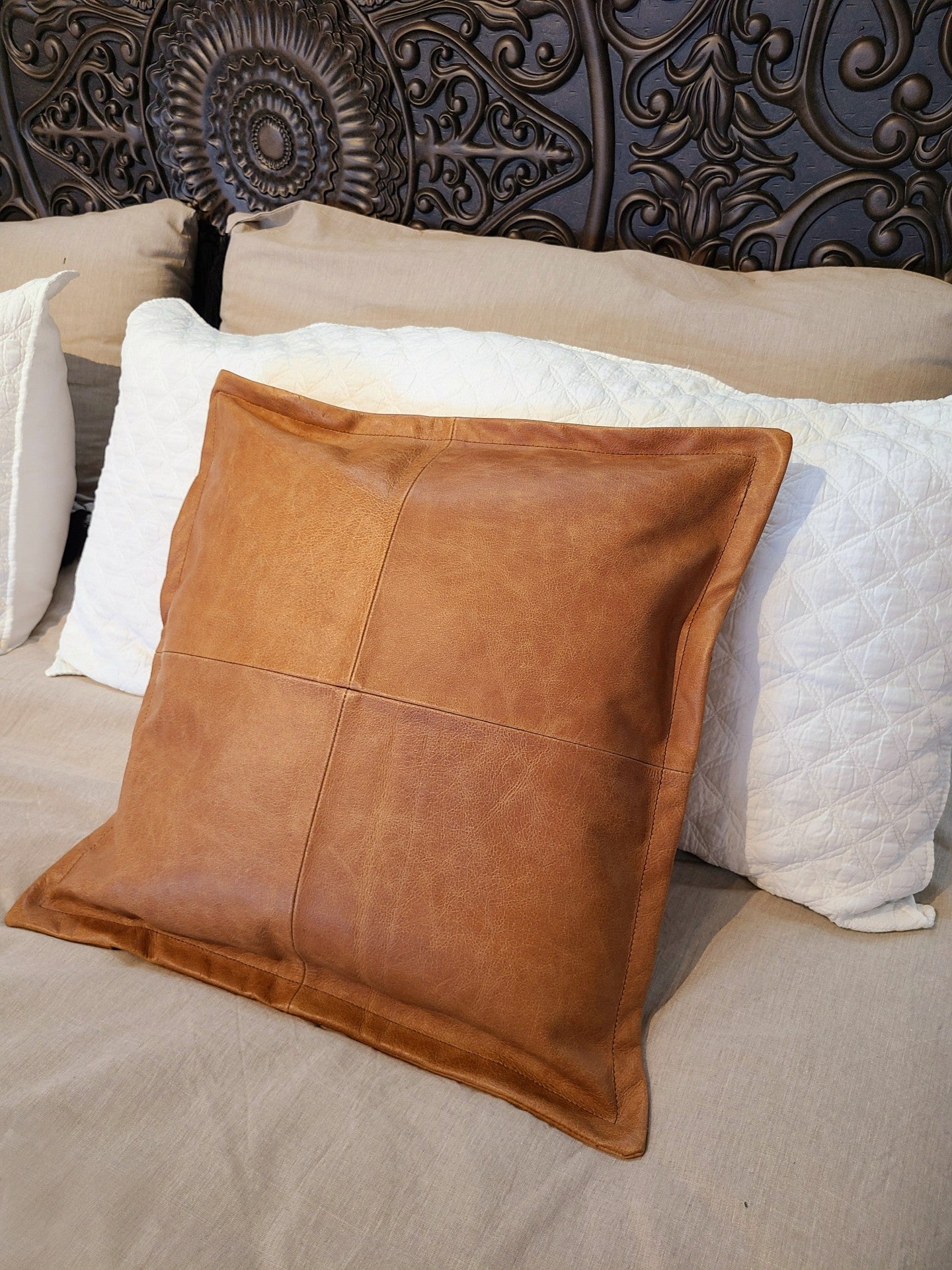 100% Lambskin Leather Caramel Brown Throw Pillow Cover - 24 x 24-Status Co. Leather Studio
