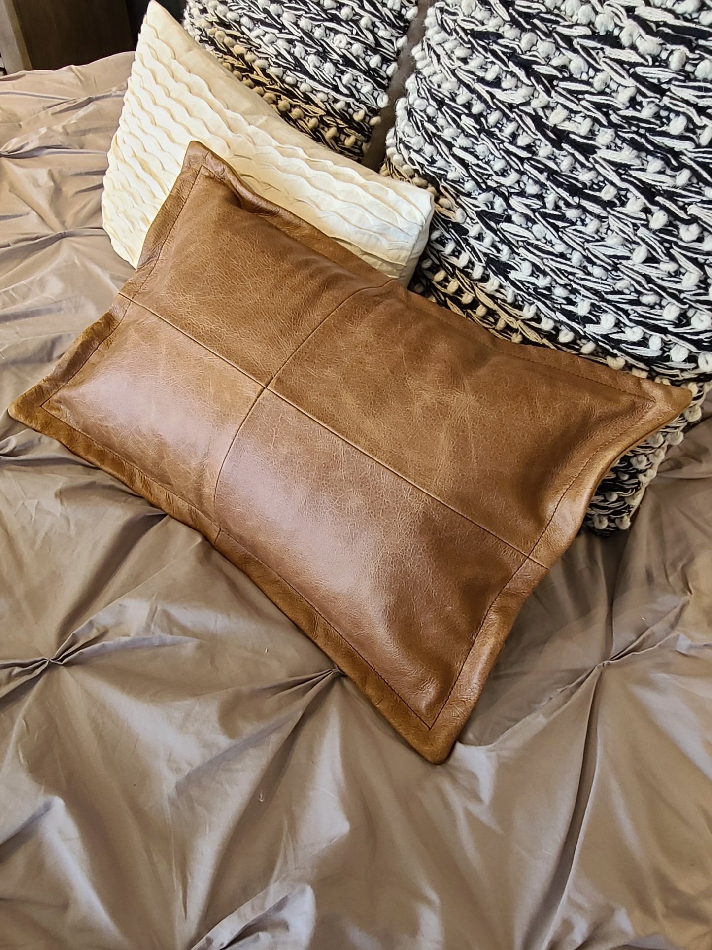 100% Lambskin Leather Caramel Brown Throw Pillow Cover - 20 x 12-Status Co. Leather Studio