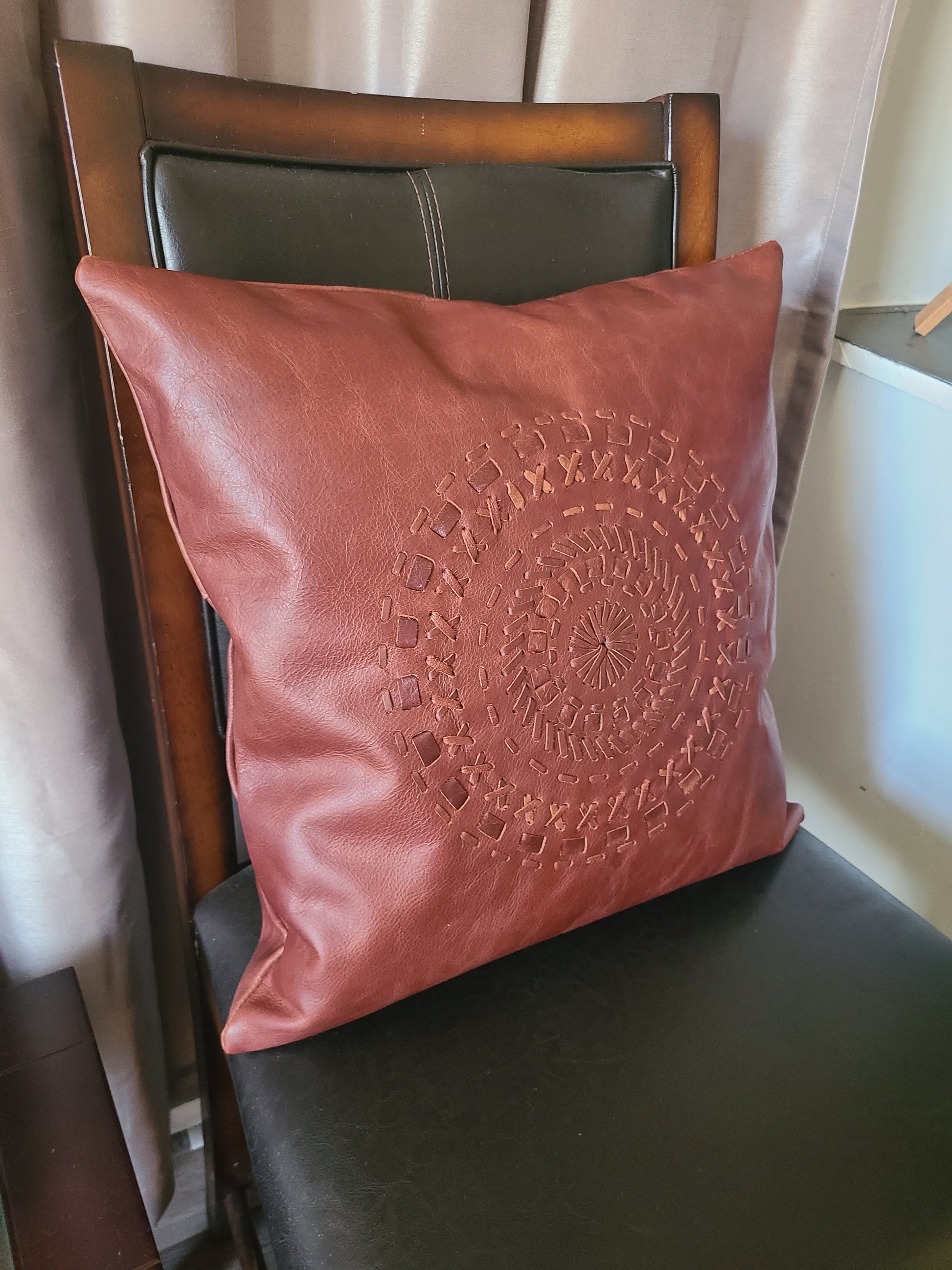 100% Leather Cognac Red Mandala Throw Pillow Cover - 18 x 18-Status Co. Leather Studio