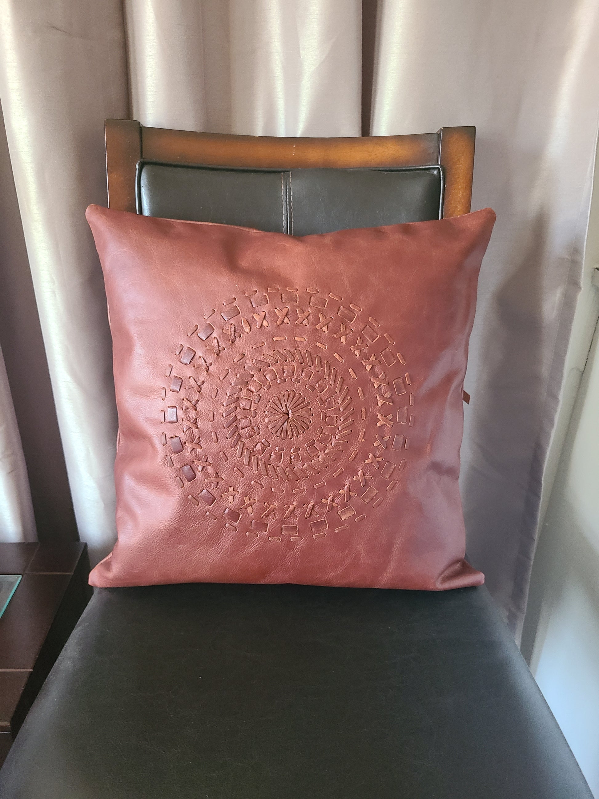 100% Leather Cognac Red Mandala Throw Pillow Cover - 18 x 18-Status Co. Leather Studio