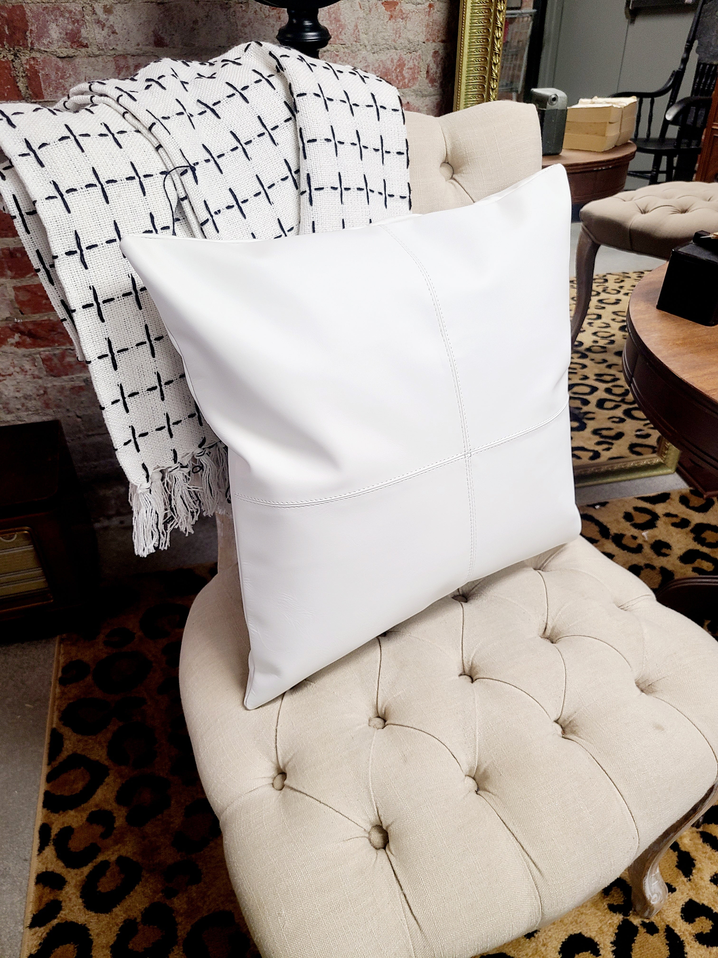 100 Leather Classic White Throw Pillow Cover 18 x 18